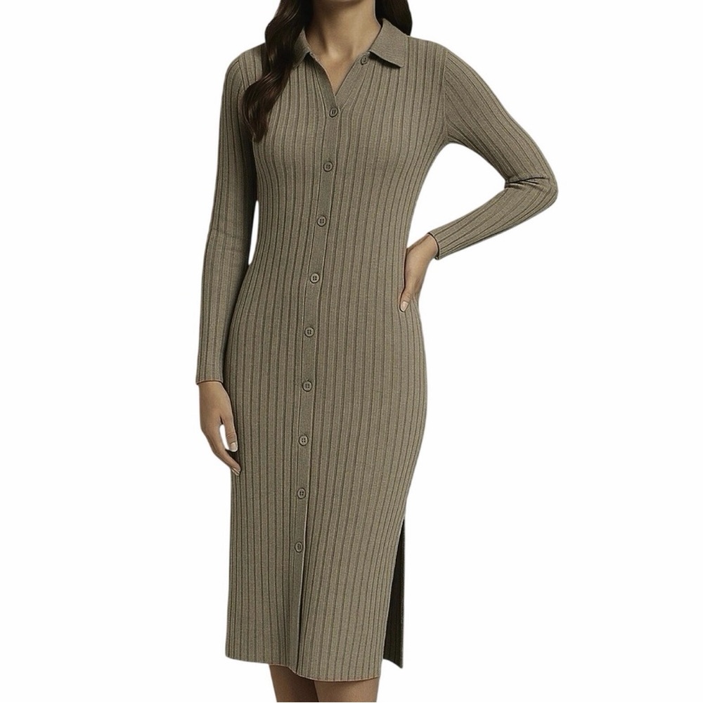 Chaser Women's collared dress Long Sleeve Button Down tan Size S